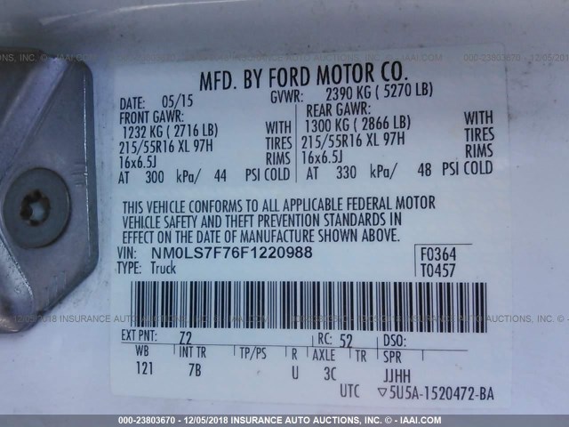 NM0LS7F76F1220988 - 2015 FORD TRANSIT CONNECT XLT WHITE photo 9