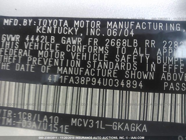 4T1FA38P94U034894 - 2004 TOYOTA CAMRY SOLARA SE/SLE Gümüş foto 9