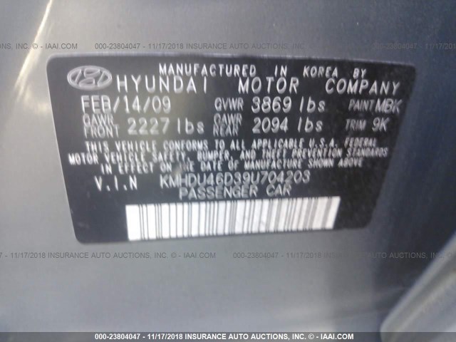 KMHDU46D39U704203 - 2009 HYUNDAI ELANTRA GLS/SE GREEN photo 9