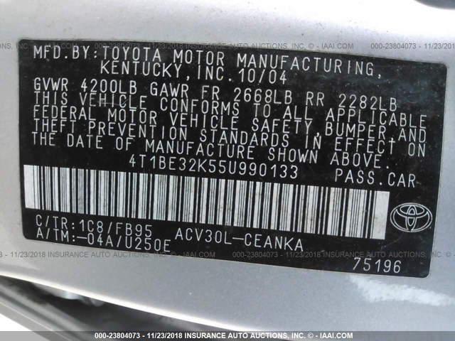 4T1BE32K55U990133 - 2005 TOYOTA CAMRY LE/XLE/SE SILVER photo 9