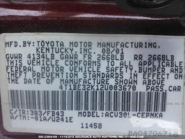 4T1BE32K12U003670 - 2002 TOYOTA CAMRY LE/XLE/SE RED photo 9