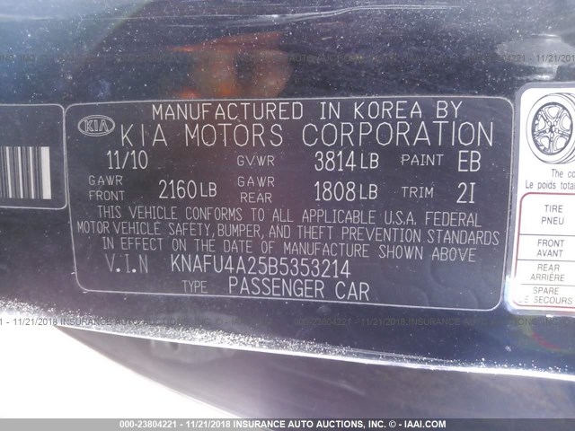 KNAFU4A25B5353214 - 2011 KIA FORTE EX BLACK photo 9