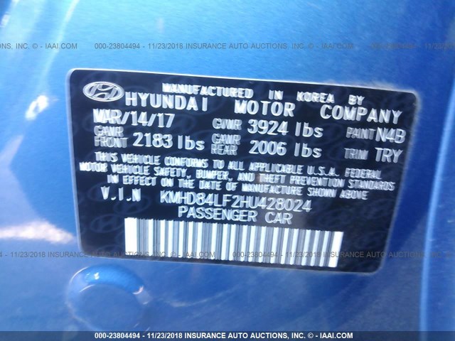 KMHD84LF2HU428024 - 2017 HYUNDAI ELANTRA SE/VALUE/LIMITED BLUE photo 9