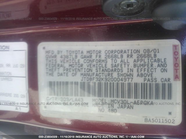 JTDBF32K920004977 - 2002 TOYOTA CAMRY LE/XLE/SE MAROON photo 9