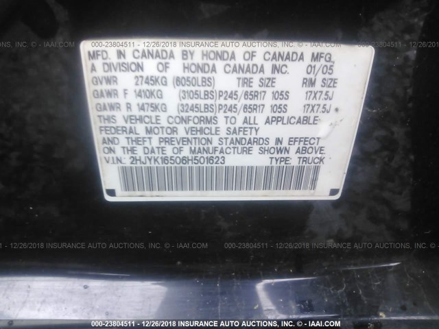 2HJYK16506H501623 - 2006 HONDA RIDGELINE RTL BLACK photo 9