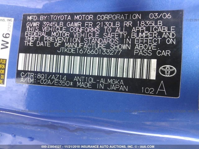 JTKDE167660133277 - 2006 TOYOTA SCION TC 蓝色 照片 9