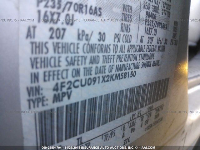 4F2CU091X2KM58150 - 2002 MAZDA TRIBUTE LX/ES GRAY photo 9