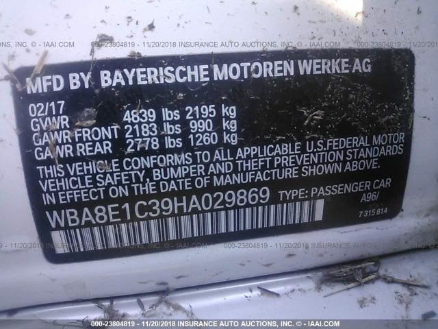 WBA8E1C39HA029869 - 2017 BMW 330E WHITE photo 9