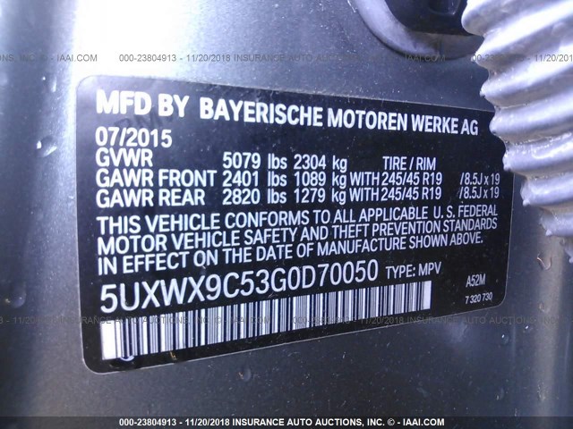 5UXWX9C53G0D70050 - 2016 BMW X3 XDRIVE28I GRAY photo 9