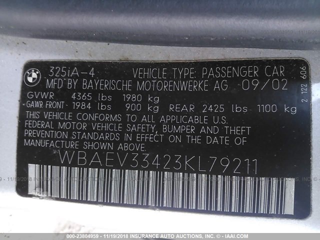 WBAEV33423KL79211 - 2003 BMW 325 I SILVER photo 9