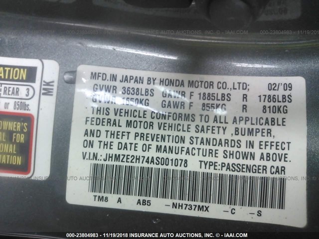 JHMZE2H74AS001078 - 2010 HONDA INSIGHT EX GRAY photo 9