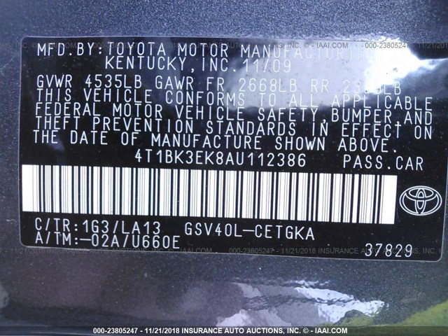 4T1BK3EK8AU112386 - 2010 TOYOTA CAMRY SE/LE/XLE GRAY photo 9