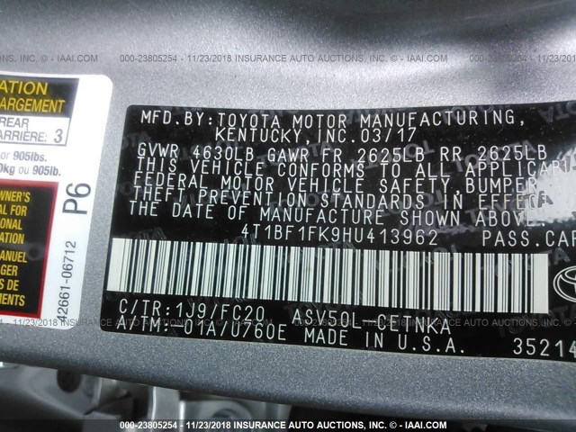 4T1BF1FK9HU413962 - 2017 TOYOTA CAMRY LE/XLE/SE/XSE ვერცხლისფერი ფოტო 9