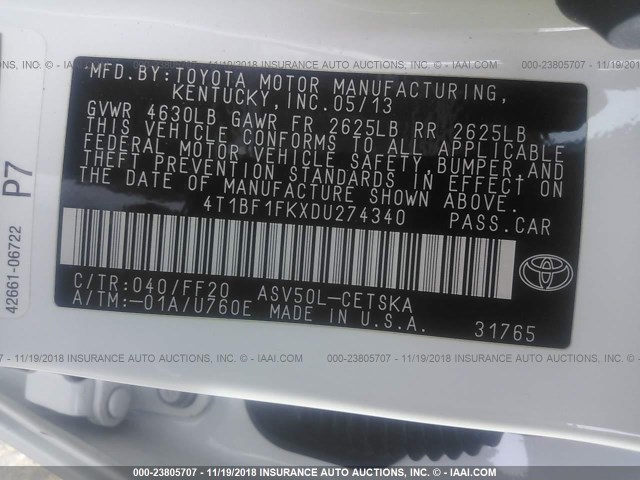 4T1BF1FKXDU274340 - 2013 TOYOTA CAMRY L/SE/LE/XLE Ağ foto 9