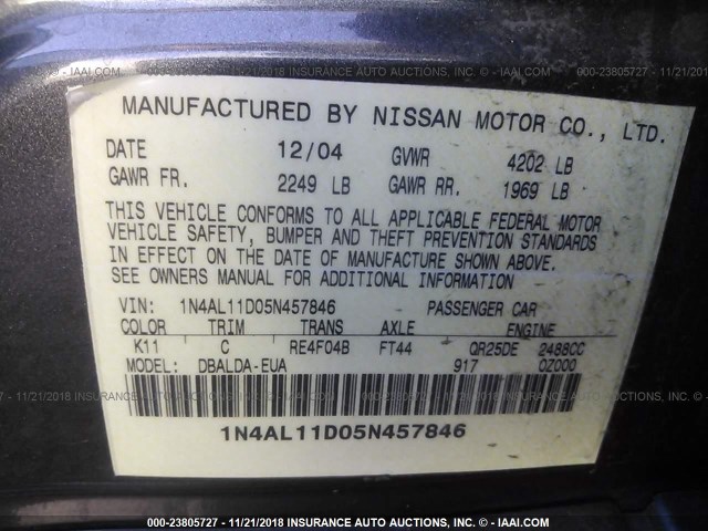 1N4AL11D05N457846 - 2005 NISSAN ALTIMA S/SL GRAY photo 9