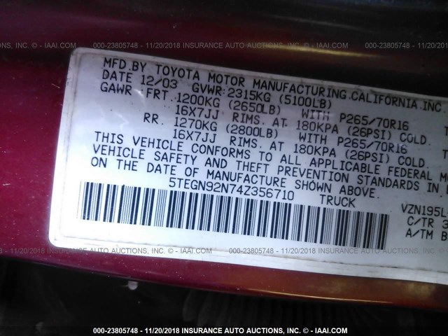 5TEGN92N74Z356710 - 2004 TOYOTA TACOMA DOUBLE CAB PRERUNNER RED photo 9