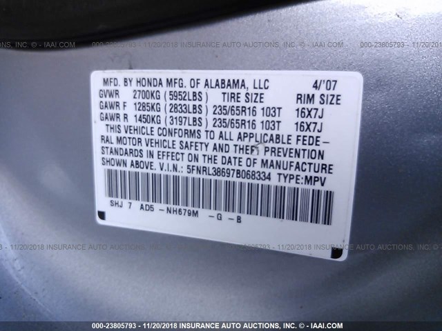 5FNRL38697B068334 - 2007 HONDA ODYSSEY EXL SILVER photo 9