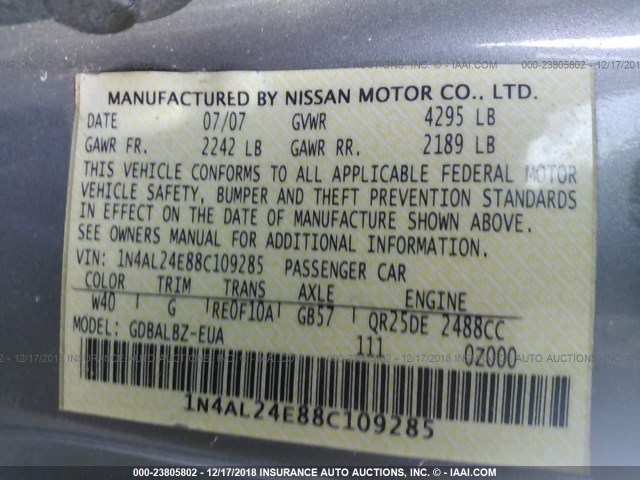 1N4AL24E88C109285 - 2008 NISSAN ALTIMA 2.5S SILVER photo 9