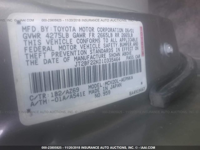 JT2BF22K010335464 - 2001 TOYOTA CAMRY CE/LE/XLE BEIGE photo 9