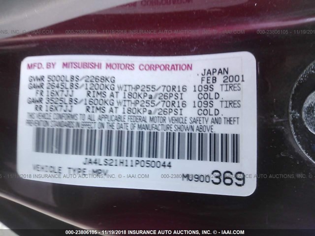 JA4LS21H11P050044 - 2001 MITSUBISHI MONTERO SPORT ES/SPORT LS MAROON photo 9