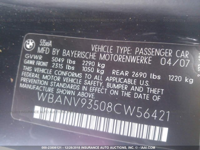 WBANV93508CW56421 - 2008 BMW 535 BLACK photo 9