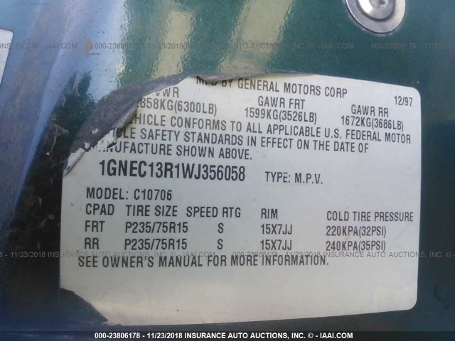 1GNEC13R1WJ356058 - 1998 CHEVROLET TAHOE C1500 GREEN photo 9
