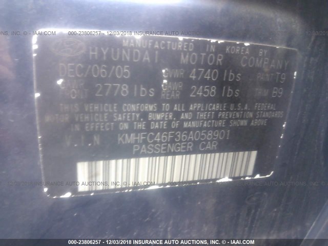 KMHFC46F36A058901 - 2006 HYUNDAI AZERA SE/LIMITED BLUE photo 9