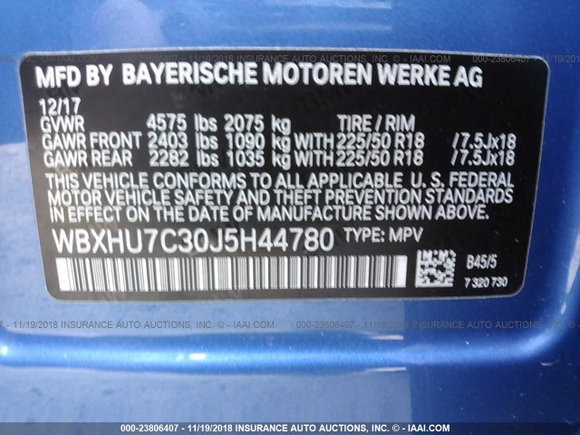 WBXHU7C30J5H44780 - 2018 BMW X1 SDRIVE28I BLUE photo 9