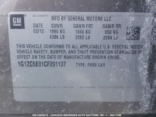 1G1ZC5E01CF291137 - 2012 CHEVROLET MALIBU 1LT BROWN photo 9