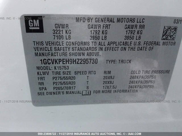 1GCVKPEH9HZ295730 - 2017 CHEVROLET SILVERADO K1500 CUSTOM WHITE photo 9