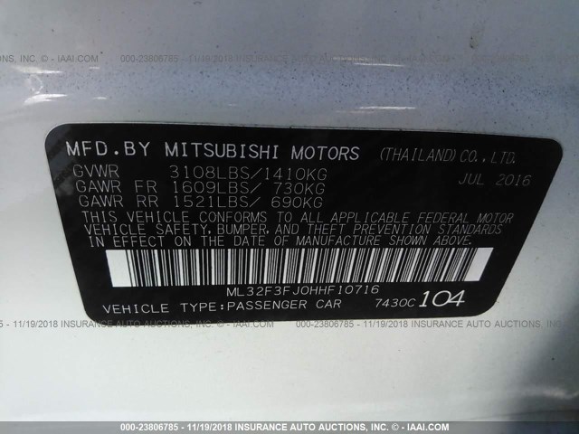 ML32F3FJ0HHF10716 - 2017 MITSUBISHI MIRAGE G4 ES WHITE photo 9