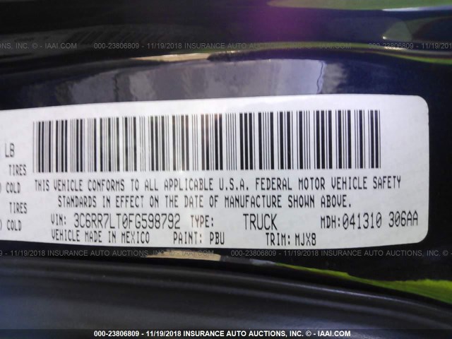 3C6RR7LT0FG598792 - 2015 RAM 1500 SLT BLUE photo 9