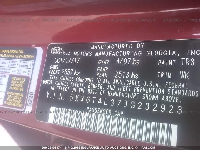 5XXGT4L37JG232923 - 2018 KIA OPTIMA LX/S RED photo 9