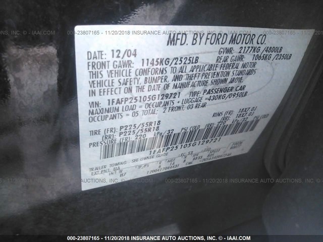 1FAFP25105G129721 - 2005 FORD FIVE HUNDRED LIMITED BLACK photo 9