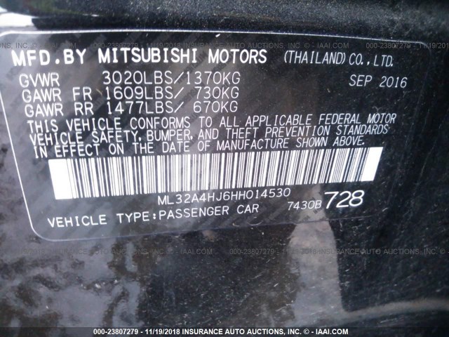 ML32A4HJ6HH014530 - 2017 MITSUBISHI MIRAGE SE BLACK photo 9