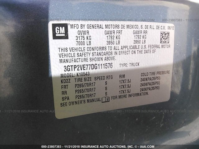 3GTP2VE77DG111576 - 2013 GMC SIERRA K1500 SLE TEAL photo 9