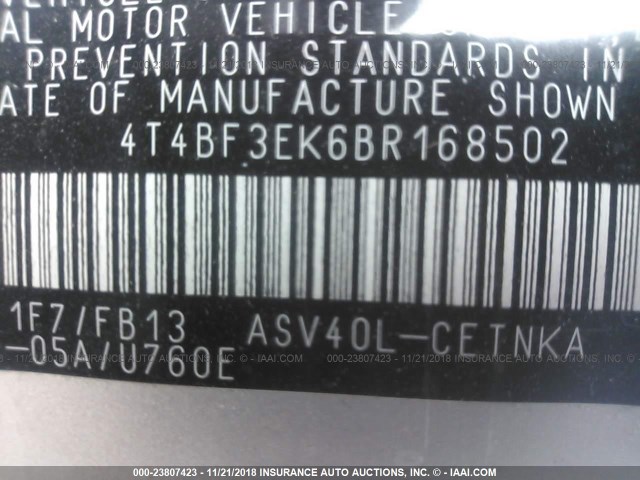 4T4BF3EK6BR168502 - 2011 TOYOTA CAMRY SE/LE/XLE SILVER photo 9