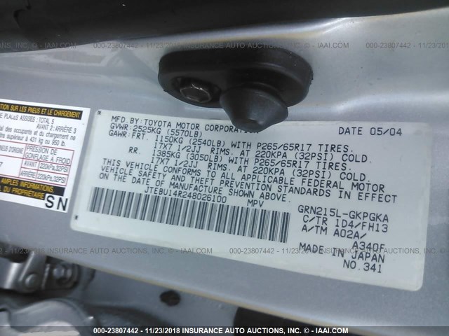 JTEBU14R248026100 - 2004 TOYOTA 4RUNNER SR5/SPORT SILVER photo 9