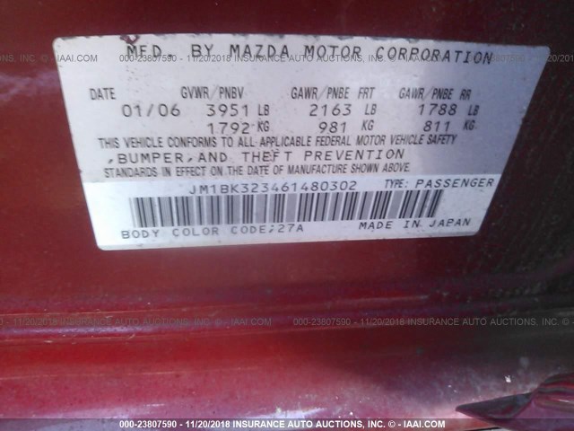 JM1BK323461480302 - 2006 MAZDA 3 S RED photo 9