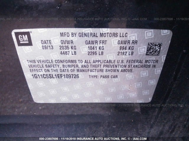 1G11C5SL1EF109726 - 2014 CHEVROLET MALIBU 1LT GRAY photo 9