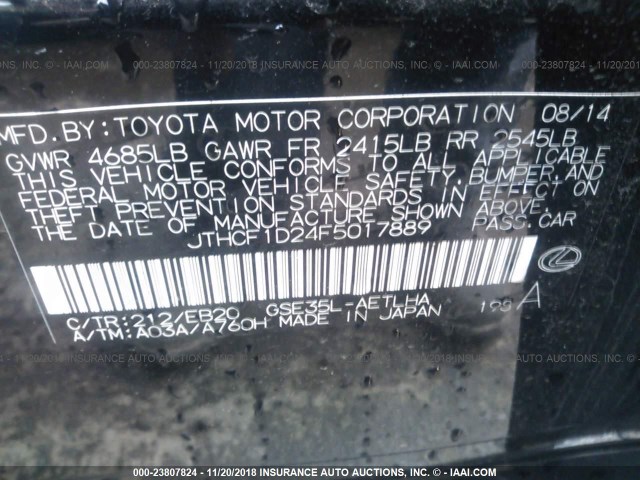 JTHCF1D24F5017889 - 2015 LEXUS IS 250 BLACK photo 9