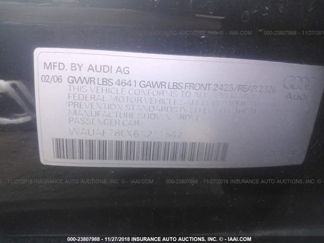 WAUAF78EX6A211542 - 2006 AUDI A4 2/TURBO BLACK photo 9