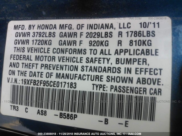 19XFB2F95CE017183 - 2012 HONDA CIVIC EXL BLUE photo 9