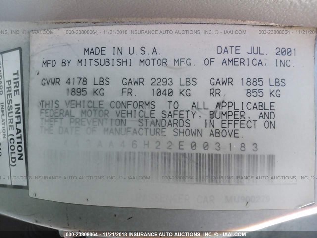 4A3AA46H22E003183 - 2002 MITSUBISHI GALANT ES/LS/GTZ SILVER photo 9