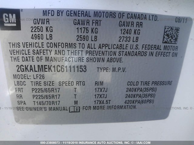 2GKALMEK1C6111153 - 2012 GMC TERRAIN SLE WHITE photo 9