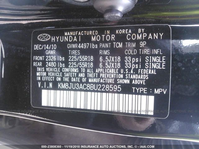 KM8JU3AC8BU228595 - 2011 HYUNDAI TUCSON GLS/LIMITED 黑色 照片 9