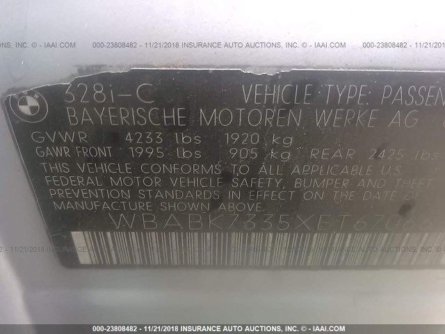 WBABK7335XET67066 - 1999 BMW 328 IC SILVER photo 9