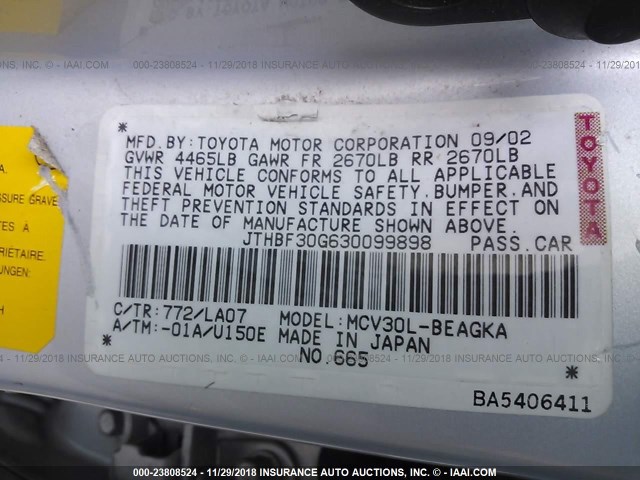 JTHBF30G630099898 - 2003 LEXUS ES 300 SILVER photo 9