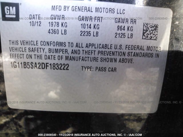 1G11B5SA2DF183222 - 2013 CHEVROLET MALIBU LS Қара фото 9