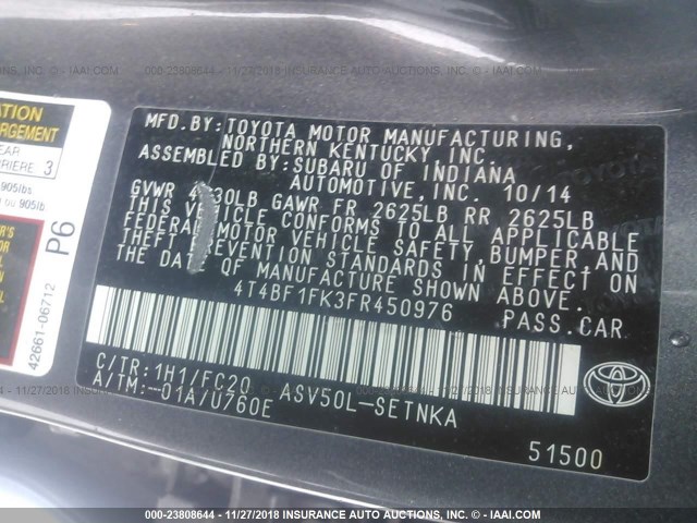 4T4BF1FK3FR450976 - 2015 TOYOTA CAMRY LE/XLE/SE/XSE GRAY photo 9